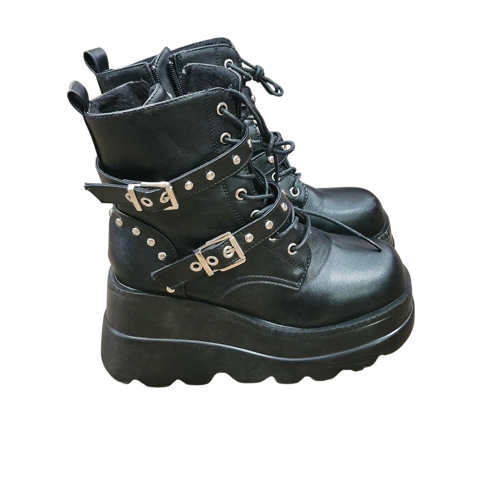 Womens Chunky Goth Platform Combat Boots Gothic 8.5 Studded Buckle Strap Eur 39